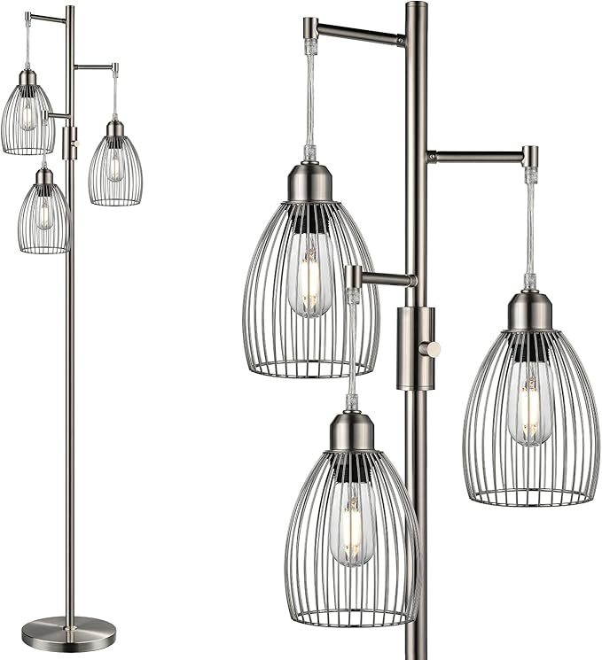 Nintiue Dimmable Floor Lamp, 3 x 800LM LED Edison Bulbs Included, Industrial Floor Lamp Standing Tree Lamp with Elegant Teardrop Cage Heads Tall Lamps for Living Room Bedroom-Brushed Nickel