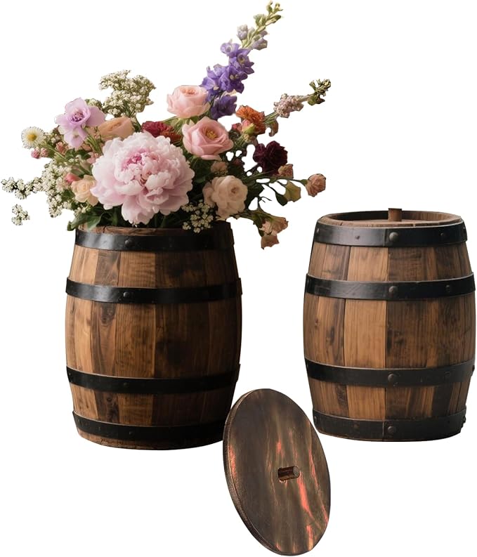 2 Pcs Wood Wine Barrel Vase 6" x 5" – Rustic Wooden Flower Vase Planter for Wedding Reception, Home Indoor Outdoor Garden, Kitchen, Party Table Decoration