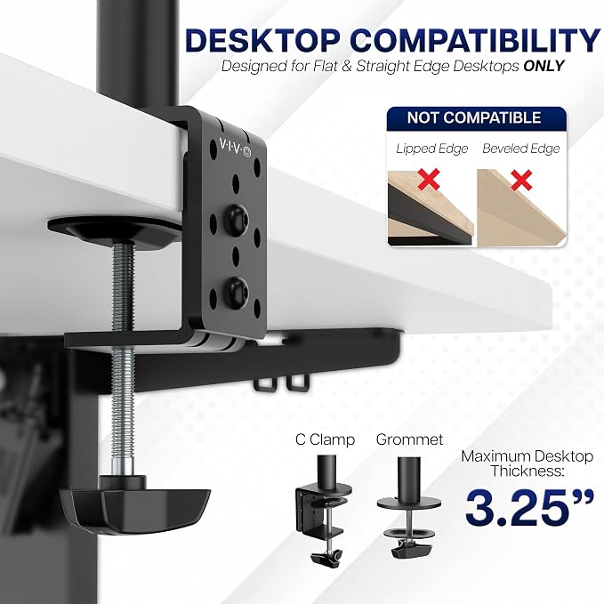 VIVO Dual Monitor Desk Mount, Holds 2 Computer Screens up to 30 inches and 22lbs Each, Heavy Duty Fully Adjustable Steel Stand with C-Clamp and Grommet, Black, STAND-V002 | Black, Articulating, Adjustable Monitor Arm, Grommet or C-Clamp Mounting, Compu...