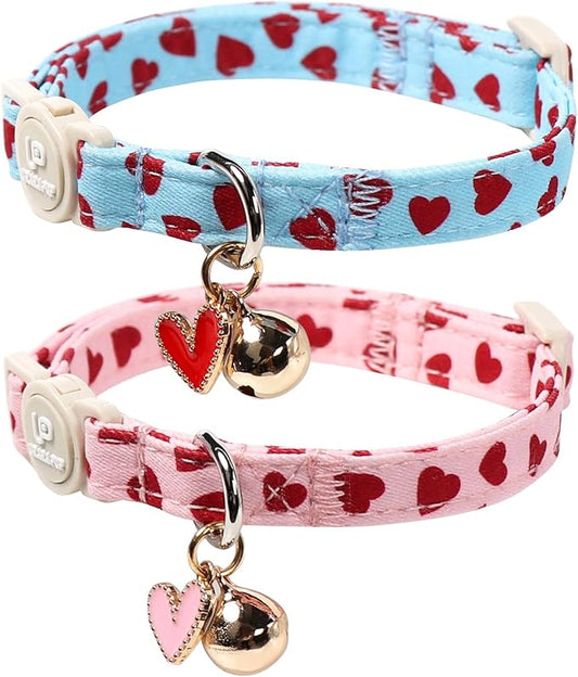 Cat Collar, 2Pack Valentine's Day Cat Collars-Cute Breakaway Cat Collar with Bell & Pendant, Sweet Heart Kitten Collars Pink Hearts with Safety Buckle for Girl and Boy Cats, 7-12Inch