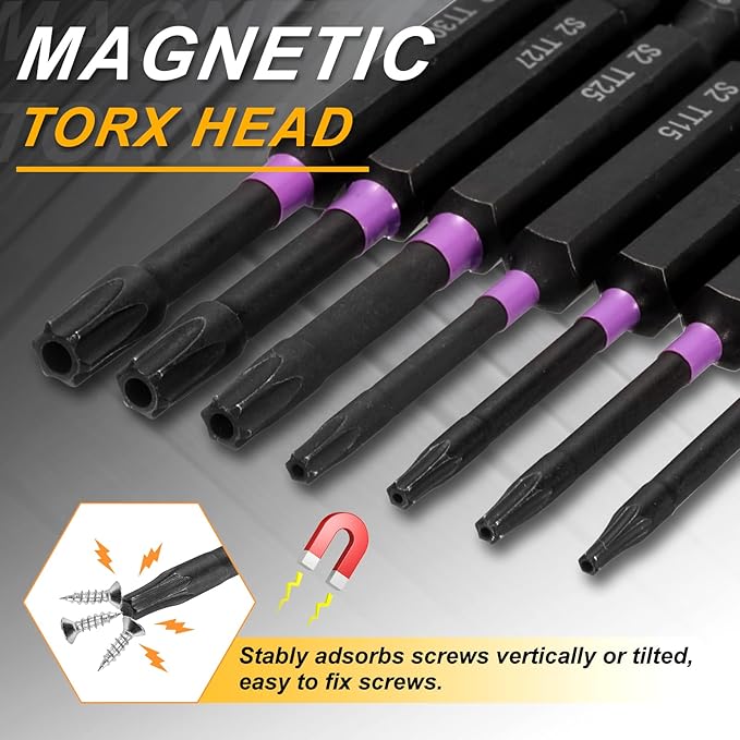 HARFINGTON TT20 Torx Head Impact Screwdriver Bits 1/4" Hex Shank 2" (50mm) Long Magnetic Tamper Proof 6 Point Star Screw Driver Drill Bits Phosphate S2 Steel Power Tools with Hole