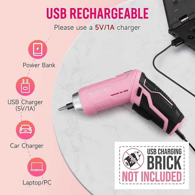 WORKPRO 53-Piece Pink Tool set with Electric Cordless Screwdriver, Basic Tool Kit Set for Women with 13'' Portable Tool Bag for DIY Home Repair/Maintenance - Pink Ribbon