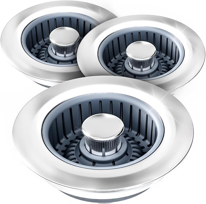 zaa 3 in 1 Kitchen Sink Drain Strainer Stopper Removable Basket Pop-Up | Kitchen Sink Accessories 3 Pack Silver Stainless - Food Catcher, Odor-Blocking Seal, Fits 3.5" Drain, Easy Clean