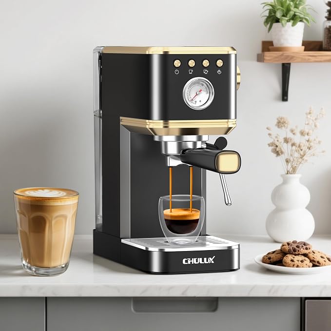 CHULUX Slim Espresso Machine with Milk Frother for Home Latte, Black & Gold | Precise Pressure Gauge, Food-Grade Materials, 20 Bar Italian Pump, Professional Temperature Control System, Stainless Steel