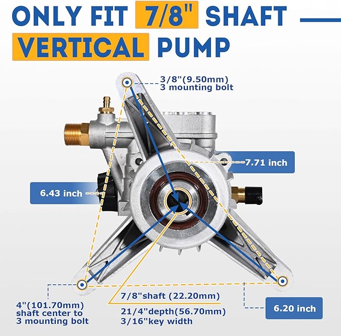 TOOLCY 7/8" Shaft Vertical Pressure Washer Pump - Rear Inlet/Outlet Max 3400 PSI @ 2.5 GPM OEM & Power Washer Pump for Gas Washer, More Replacement for Simpson, Ryobi, Honda etc