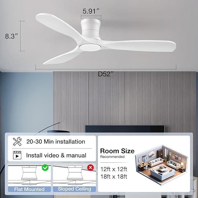52in Smart Low Profile Ceiling Fans with Lights Remote,Quiet DC Motor,Outdoor Indoor Flush Mount Ceiling Fan,Control with WIFI Alexa App,Dimmable,6-speed,3 White Wood blades,for Modern Bedroom Patio