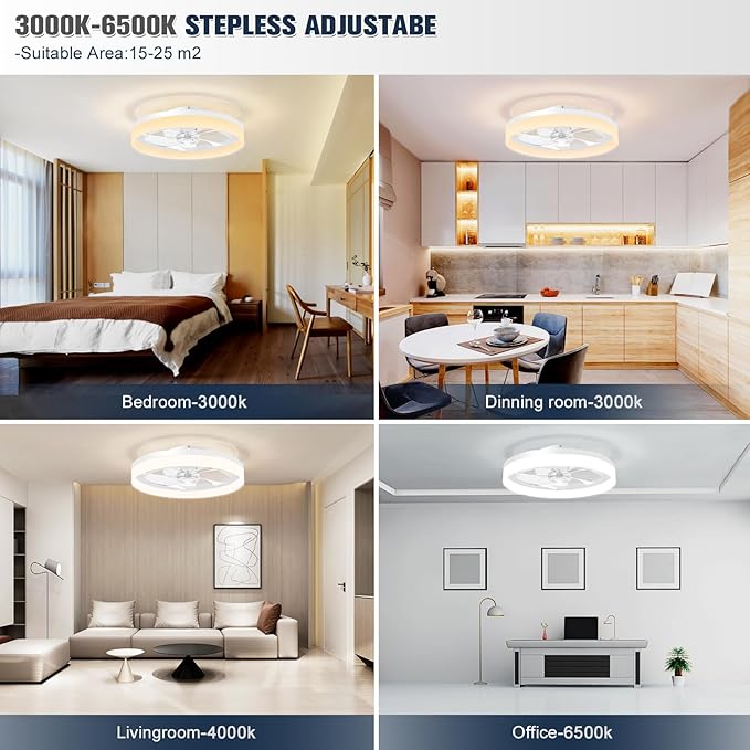 VOLISUN Low Profile Ceiling Fans with Lights and Remote, 19.7in Fandelier Ceiling Fan Flush Mount, 3000K-6500K Smart Bladeless LED Fan Light, White Modern Ceiling Fans with Lights for Bedroom