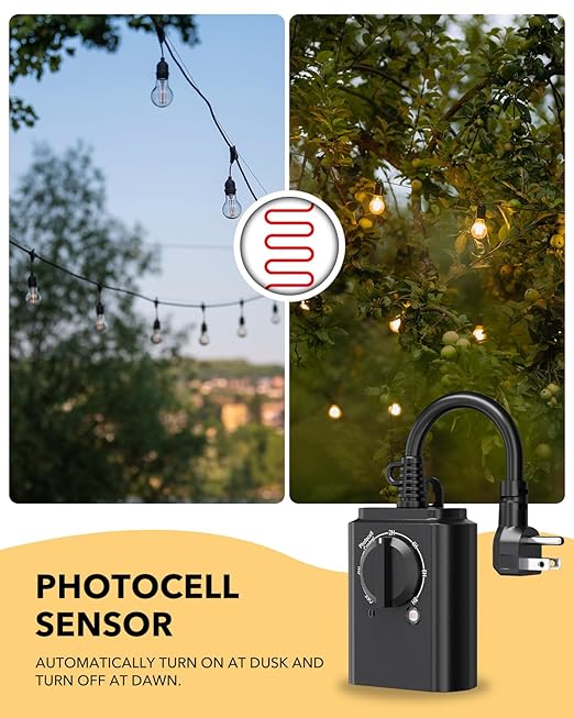 BN-LINK Outdoor Light Timer with Dusk to Dawn Sensor, Weatherproof Dual Grounded Outlets for Christmas/Halloween Decorations, 15A 1/2HP ETL Listed