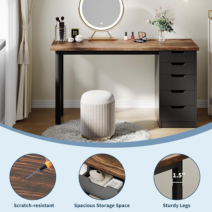 Garvee Computer Desk with 5 Drawers, 47 Inch Modern Simple Study Writing Desk with Storage, Rustic Home Office Desk, Reversible Computer Desk for Small Spaces, Apartments, Dorms, Brown+Black