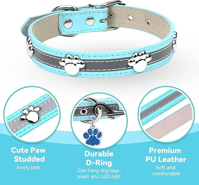 PETCARE Reflective Dog Collar with Cute Paw Rivet Studded Funny Soft PU Leather Adjustable Puppy Dog Collars for Small Medium Large Dogs Cats (Blue,X-Large)