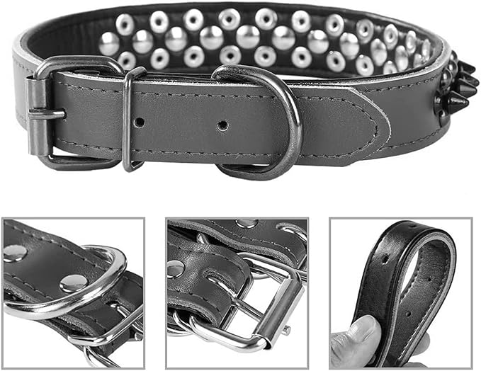 Spiked Studded Dog Collar, Genuine Leather Dog Collar, Adjustable Pet Collars for Medium Large Bulldog Pitbull Mastiff Poodle Boxer (M:29-38cm, Brown-1)