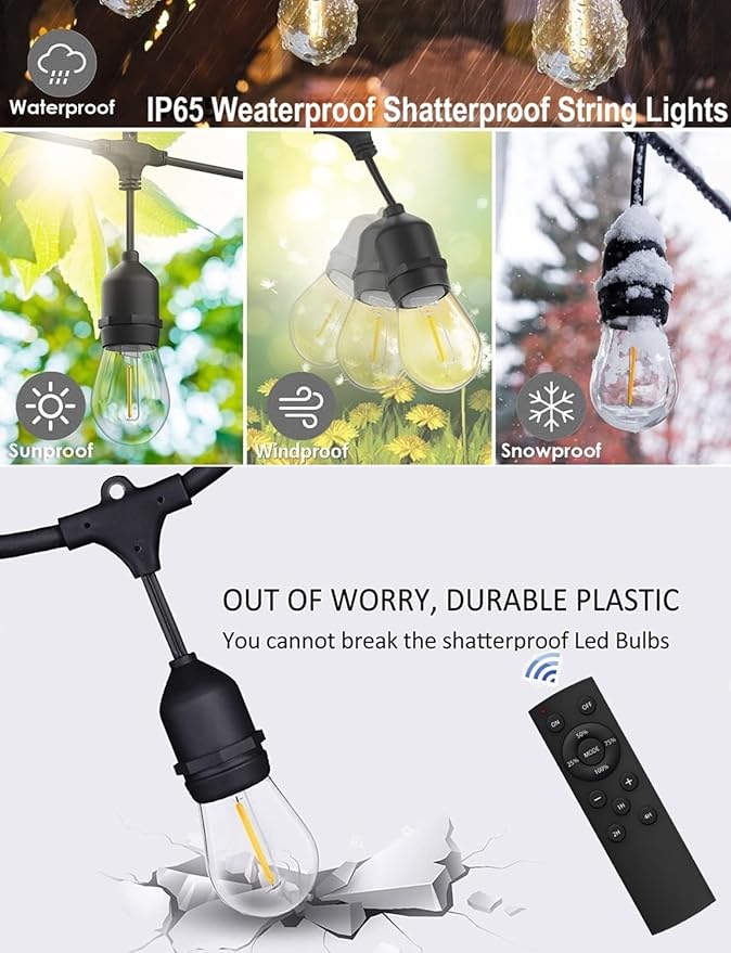 Remote Control Outdoor String Lights 200FT for Outside Patio Lights Waterproof with 63 Replaceable S14 Bulbs for Bistro Pergola Porch Backyard Dimmable, 2200K, Linkable, Hooks, Zip Ties included
