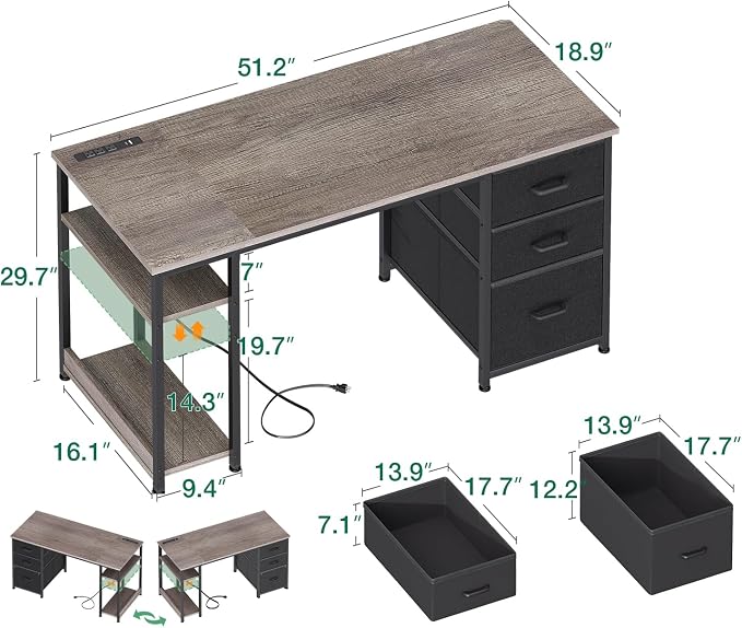 AODK 51 Inch Computer Desk with Drawers & USB Power Outlets | Reversible Home Office Desk with Storage Shelves, Work from Home, Modern Work/Writing/Study Table for Bedroom, Grey Oak