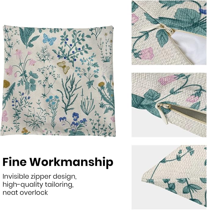 AEIOAE Spring Pillow Covers 18x18 Inch Set of 2,Blue Teal Wild Flower Plant Throw Pillows Case,Seasonal Floral Outdoor Decorative Square Linen Farmhouse Decor Cushion Covers for Home Sofa Bed Couch