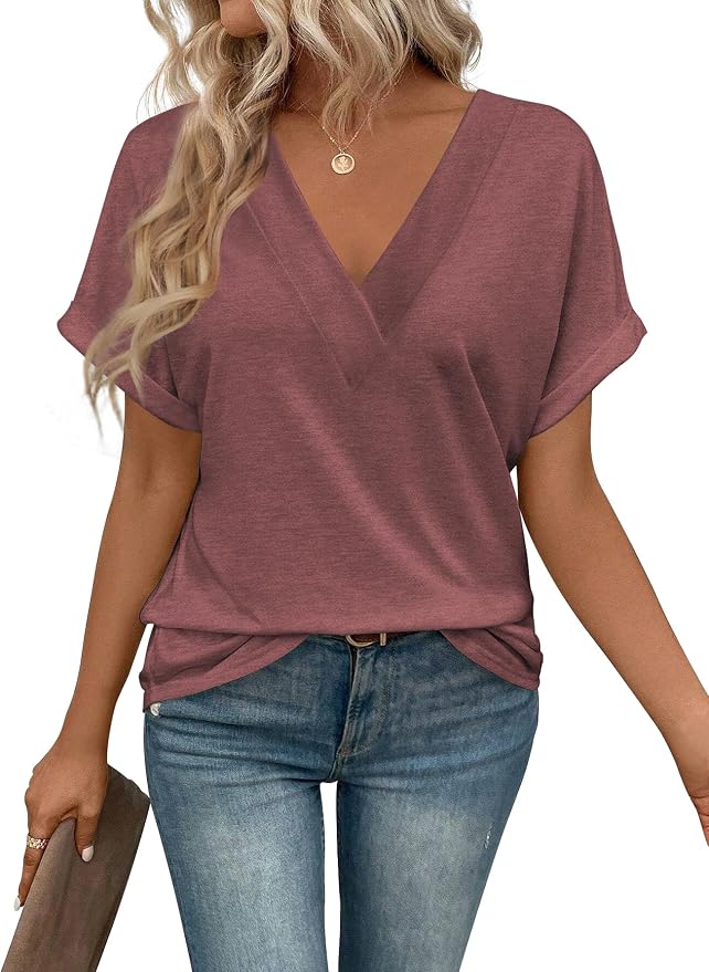 T Shirts Short Sleeve V Neck Tees Womens Tops Beach Vacation Fashion Clothes 2026 Casual Summer Spring Fall Outfits