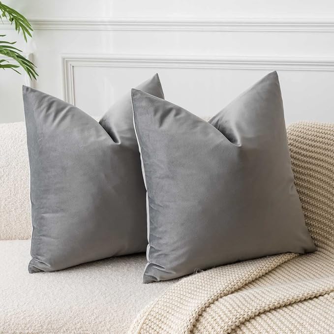 JUSPURBET 16x16 Decorative Velvet Throw Pillow Covers Cases Set of 2,Grey | Modern Soft Cushion Covers with Hidden Zipper for Couch Sofa Bed Living Room Bedroom Home Decor