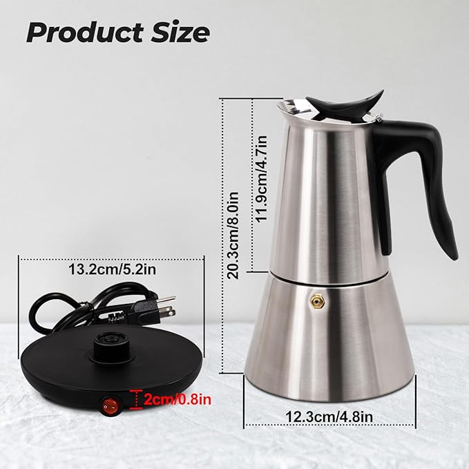 Electric Stainless Steel Moka Pot 6 Cup 300ml Mocha Pot | Espresso Maker with Detachable Base Ideal Coffee Maker for Home Italian and Cuban Café Coffeemaker Espressomaker Coffee Pot