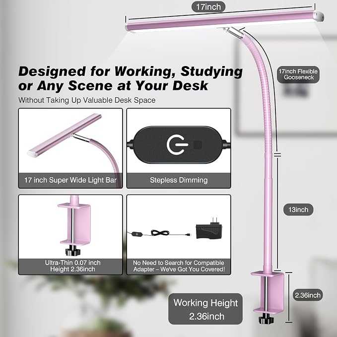 Airlonv LED Desk Lamp for Office Home, Eye-Caring Desk Light with Stepless Dimming Adjustable Flexible Gooseneck, 10W USB Adapter Desk Lamp with Clamp for Reading, Study, Workbench (Pink)