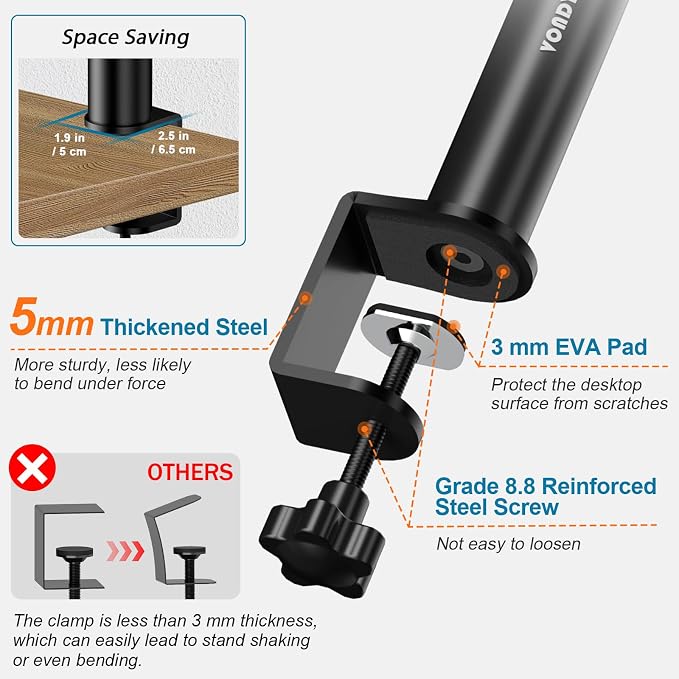 Vondynote Pair of Studio Monitor Stands Desk Clamp Speaker Stands 12°Tilt | Heavy Duty, 10.4"-15.4" Height Adjustable, for Monitor Speakers Laptop Projector CD Player