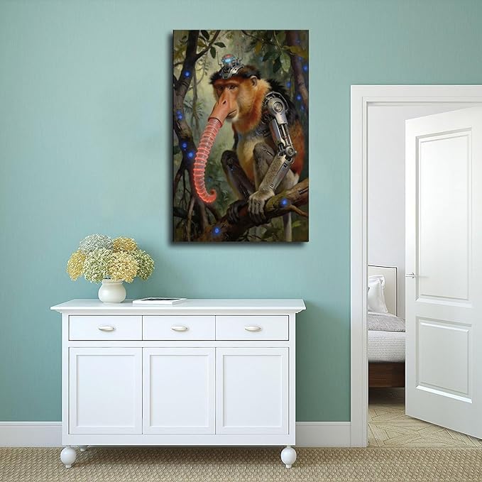 Framed Steampunk Mechanical Proboscis Monkey Wall Art - Jungle Neon Retro Poster for Apartment Leisure Area Decor 08x12inch(20x30cm)