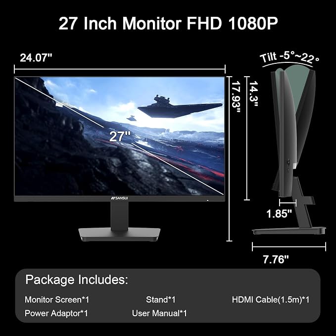 SANSUI 27 Inch Monitor,120Hz Computer Monitor Full HD 1920 x 1080P with HDMI DP Ports, 4000：1 Contrast, 110% sRGB, Eye Care, Frameless, 100 x 100mm VESA Mountable, for Work, Business, Gaming