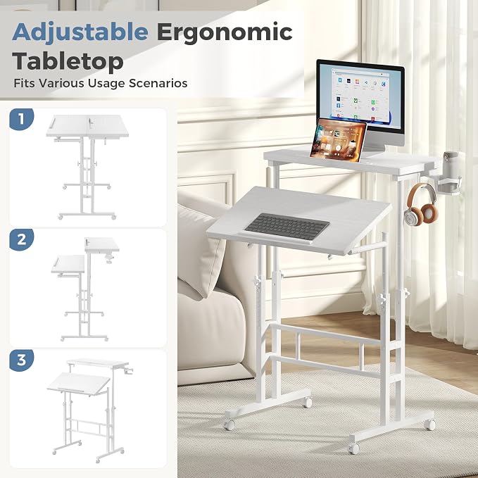 DUMOS Rolling Standing Desk, Sit Stand Desk, Computer Cart | Manual Height Adjustable, Split Top Mobile, Laptop Workstation, Portable Home Office, Walking Pad Study Surface, Modern White