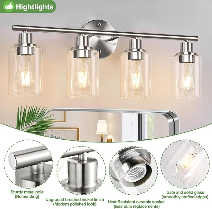 4-Light Bathroom Light Fixtures, Brushed Nickel Modern Vanity Lights Over Mirror with Clear Glass Shade, Bathroom Wall Lamp for Mirror Kitchen Living Room Hallway Cabinet Porch Bedroom Reading room