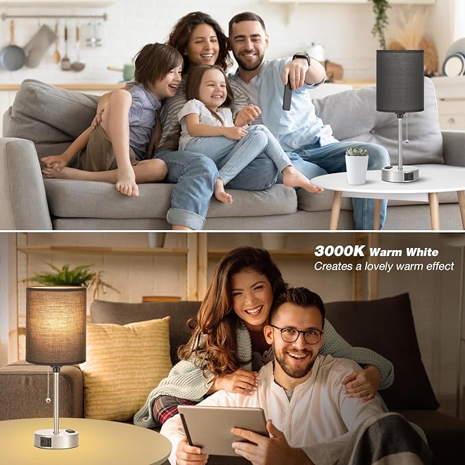 Black Table Lamp for Bedroom Nightstand - 3 Color Temperature Bedside Lamp with USB C and A Ports, Pull Chain Lamp for Bedroom with AC Outlet, Small Lamps Silver Metal Base for Kids Boys/Dorm Room