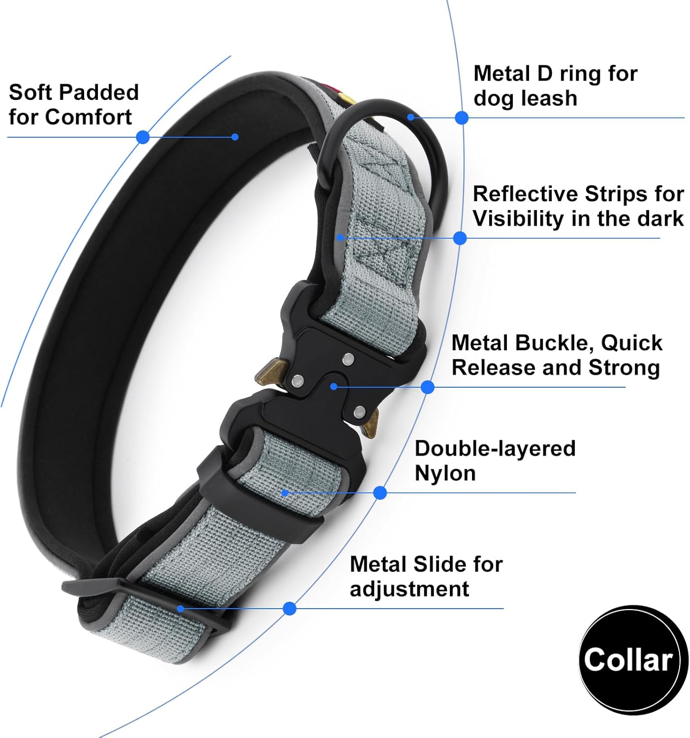 Plutus Pet Tactical Dog Collar, Reflective, Adjustable Heavy Duty Dog Collar, Soft Padded and Comfortable, for Small Medium and Large Dogs (Gray, XL)