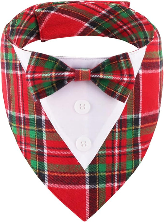 ADOGGYGO Christmas Dog Tuxedo Bandana, Red Green Plaid Pet Xmas Collar with Bow, Adjustable Christmas Costume for Small Dogs (S)