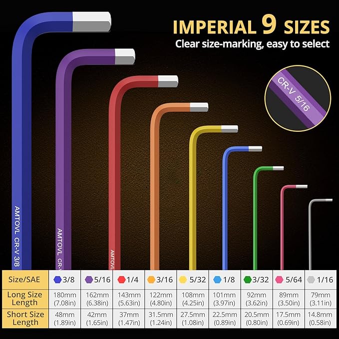 AMTOVL Hex Key Set, 9PCS Imperial Allen Key Set, 1/16-3/8Inch, Long Ball End Hex Wrench Set, Color Coding Hex Key Set for Vehicle, and Bicycle Repairs