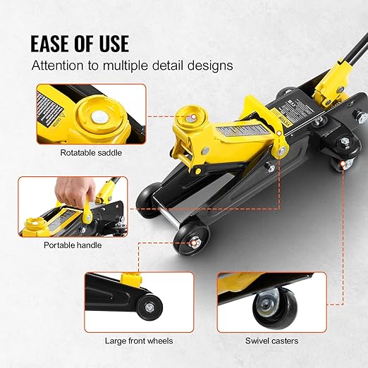 VEVOR Low Profile Floor Jack 1.5 Ton (3300 lbs), Heavy Duty Iron Hydraulic Racing Floor Jack, Hydraulic Car Jack, Single Piston Quick Lift Pump, 4.7"-12.1" Height Lifting Range (Yellow)