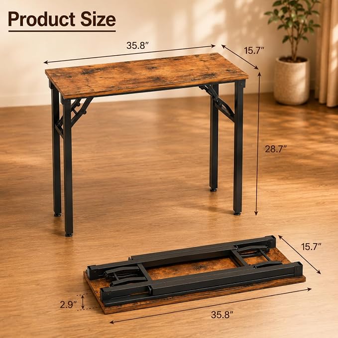 Folding Table Computer Desk - 35.8" No Assembly Folding Desk Design and Foldable Office Desk, Small Desk for Bedroom, Compact Storage Portable Use for Dorm and RV Small Space, Rustic Brown