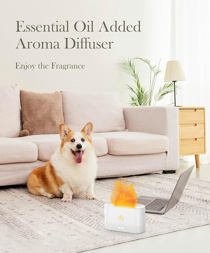 Essential Oil Diffuser Humidifer with Flame Light Effect, 180ml Air Diffuser for Essential Oils, Humidifiers for Bedroom with 2 Brightness, Auto-Off Function(White)