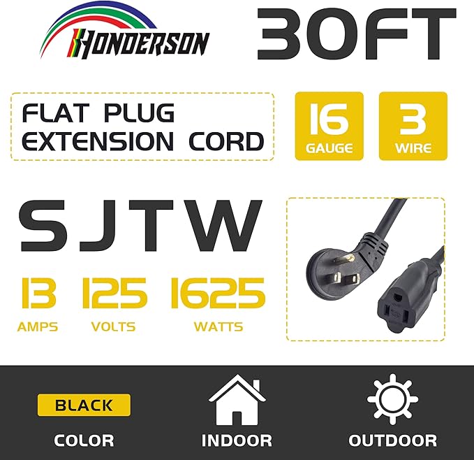 Flat Plug Indoor Extension Cord, UL Certified, 16 Gauge 30FT Black 3 Prong Heavy Duty, 16/3 SJTW 13A Power Cord for Lights, Appliances, Home