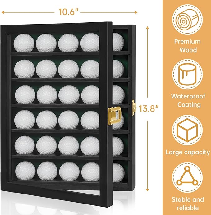 Golf Ball Display Case, Solid Wood Golf Ball Holder, Wall Mounted Golf Ball Rack with Acrylic Door for Golf Enthusiasts (Black, for 30 Golf Balls)