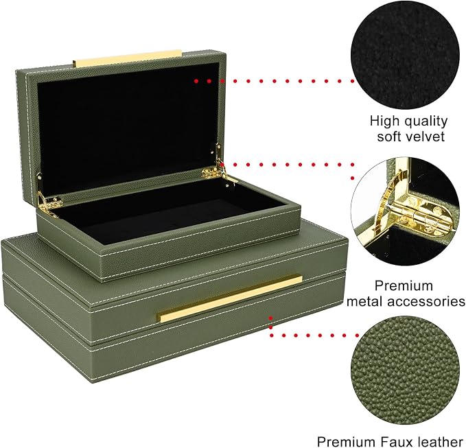 Green Shagreen box Set of 2 Faux Leather Decorative Boxes,Large Nesting Storage Decorative Boxes with Lids for Modern Home Decor Stacking Jewelry Box Organizer
