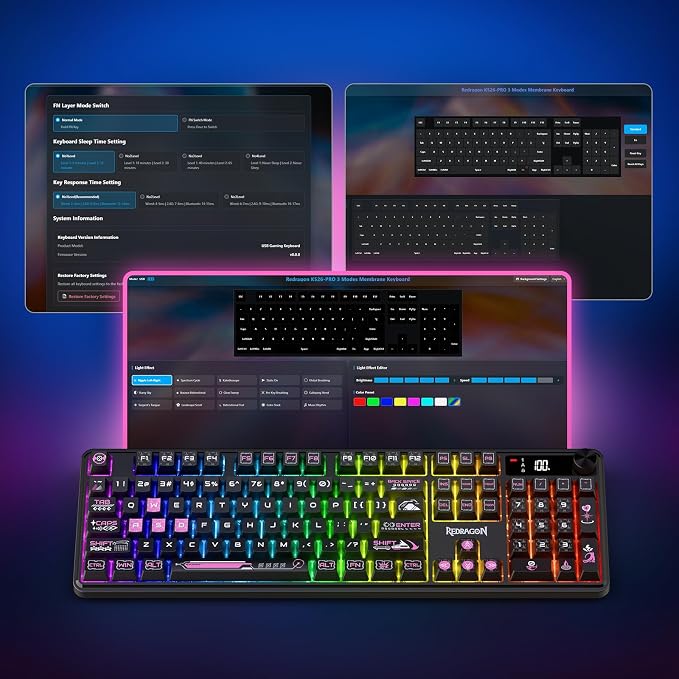 Redragon K526 PRO Wireless RGB Membrane Gaming Keyboard, LED Screen & Knob | See Battery, Mode & Time at a Glance, 0-Delay Tri-Mode, One-Touch Backlit & Media Adjust, 26-Key Anti-Ghost for Combo-Strike