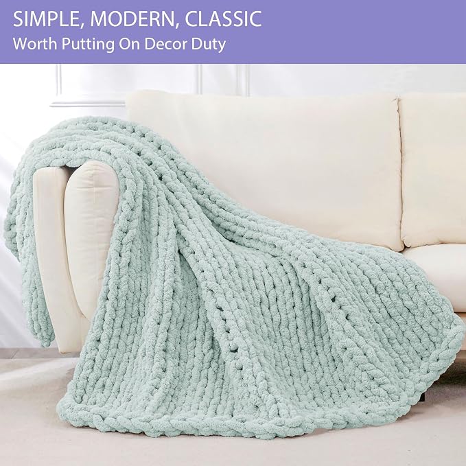 Bigacogo Chunky Knit Throw Blanket for Couch, 40x80 inches, Mint | Hand Knit with Jumbo Chenille, Soft Breathable Cable Knit for Sofa Bed Living Room, Machine Washable, Gift for Mom Friend