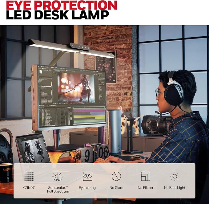 Honeywell HJ1 Sunturalux LED Clamp Desk Lamp 1200LM for Home Office | CRI≥97, 3000K-5700K, Low Blue Light, Flicker-Free, Dimmable Task Desk Light for Computer, Black