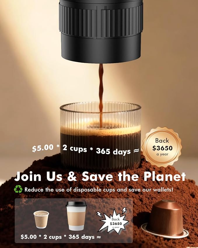 All in 1 Portable Electric Espresso Machine & Coffee Grinder & Milk Frother | Mini Compact Travel Coffee Maker Set for Ground Coffee & NS Capsules，Ideal for Camping, Car, RV, Hiking, Office, Home, Gift