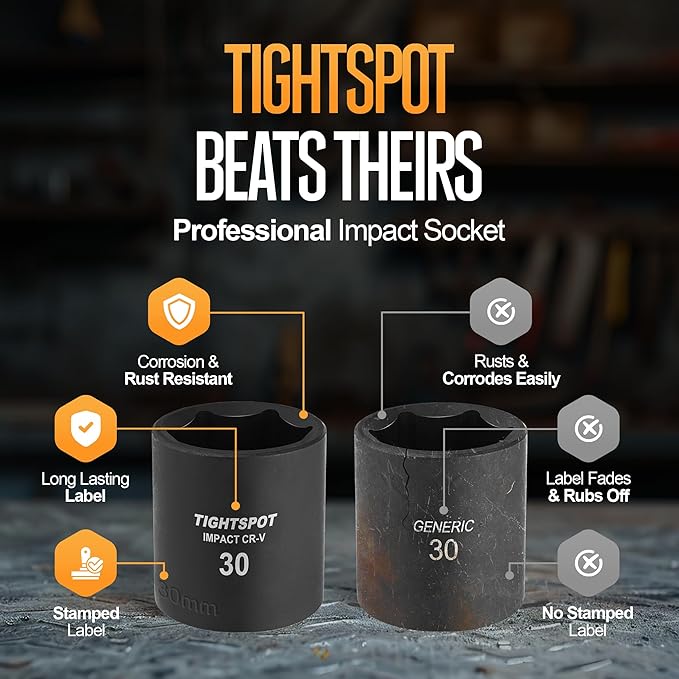 TIGHTSPOT 1/2 Inch Drive 30mm Shallow Impact Socket with Anti-Rounding 6 Point Design, Heat-Treated CRV Steel