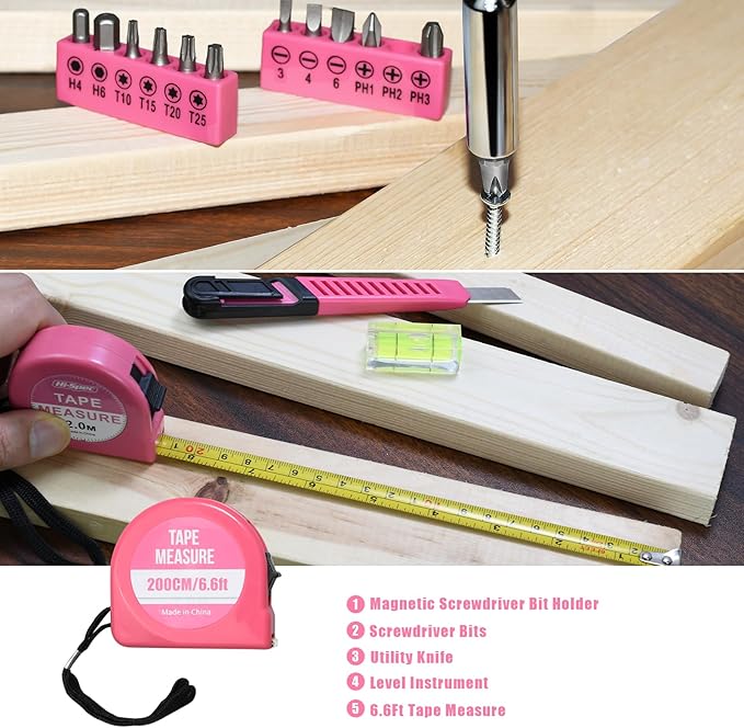 ZUZUAN Tool Set 25pc Pink Household DIY Tool Kit for Women,Small Mini Tool Box for Easy of Carrying, Starter Basic Ladies Tools Perfect for DIY, Home Maintenance