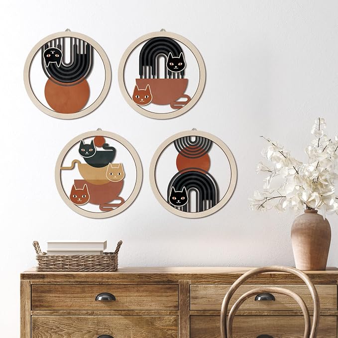 HPNIUB Boho Black Cat Wall Decor, Farmhouse line Geometric Coffee Tea Hanging Wooden Wall Art, 4 Pieces 10''x10'' Mid Century Abstract Sun Wood Sign for Nursery Bedroom Decoration, Lovely Cat Gifts