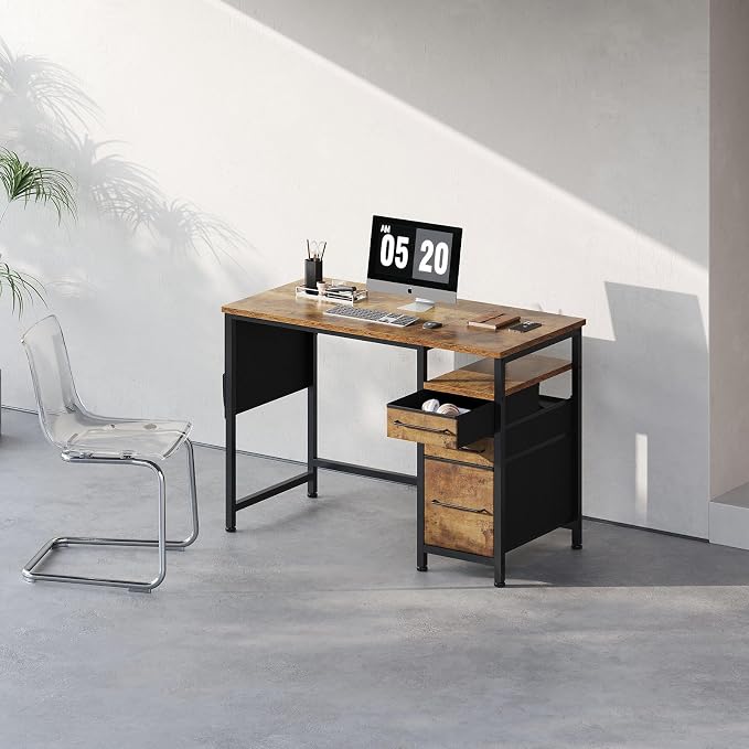 Maihail Small Desk with Drawers, Office Desk with Storage Shelves, Brown2 | 40 Inch Desktop, Metal Frame, 3 Fabric Drawers, Storage Shelves, Computer & Writing Desk, Office Gaming Workstation