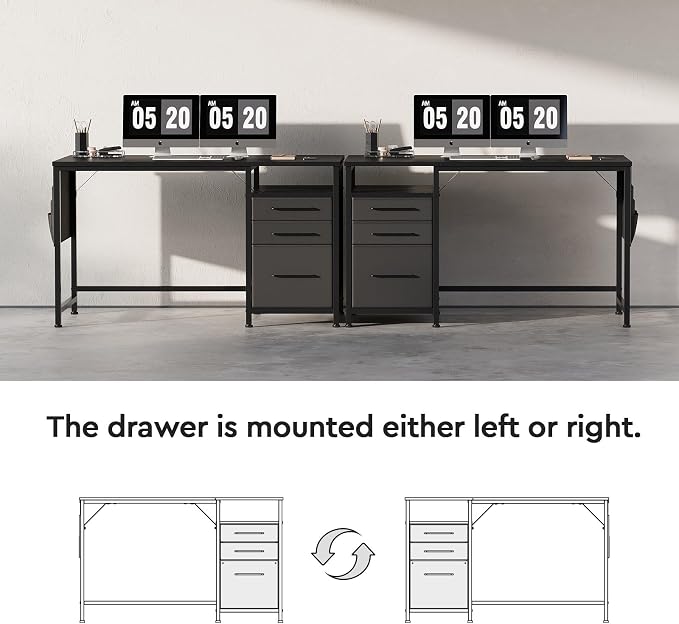 Maihail Small Desk with Drawers, Office Desk with Storage Shelves, Black | 47 Inch Desktop, Metal Frame, 3 Fabric Drawers, Storage Shelves, Computer & Writing Desk, Office Gaming Workstation