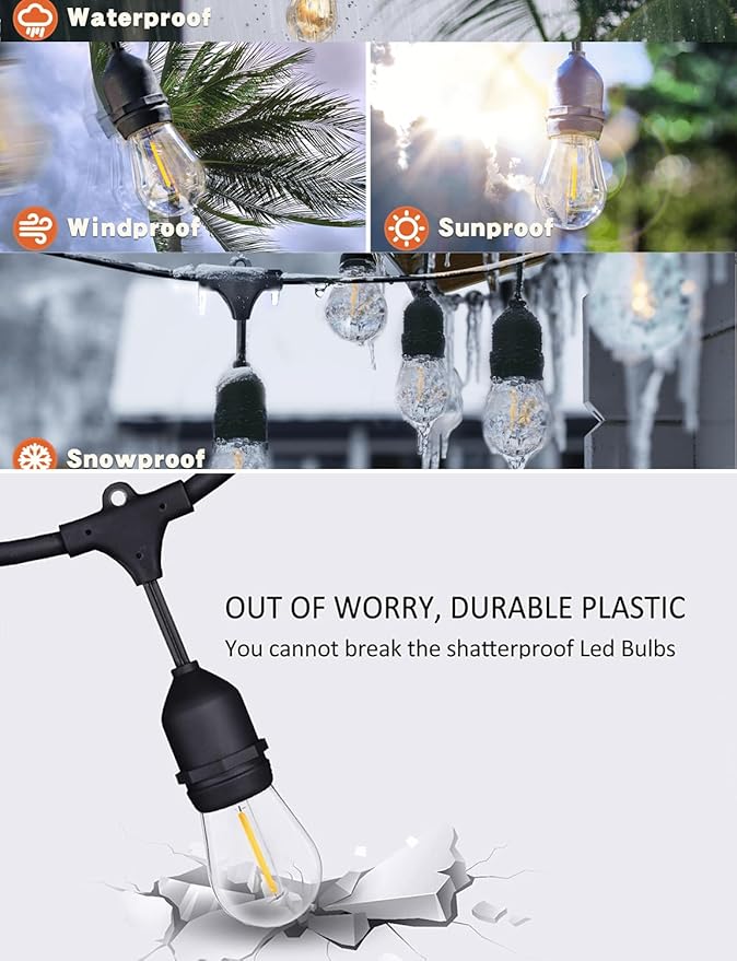 Commercial Outdoor String Lights 48FT, 15+1 LED Replaceable S14 Edison Bulbs 2200K, Black Weatherproof Cord for Patio Bistro Yard Pergola Lights, Linkable