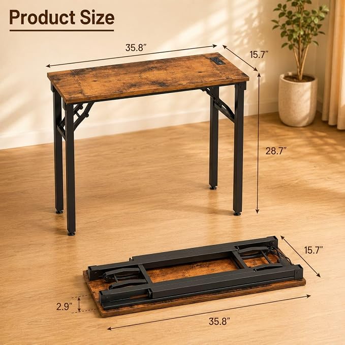 Folding Table Computer Desk - 35.8" No Assembly Folding Desk with Power Outlets & USB Charging Port, Small Desk, Foldable Office Desk, Compact Storage Portable Use for Small Space, Rustic Brown