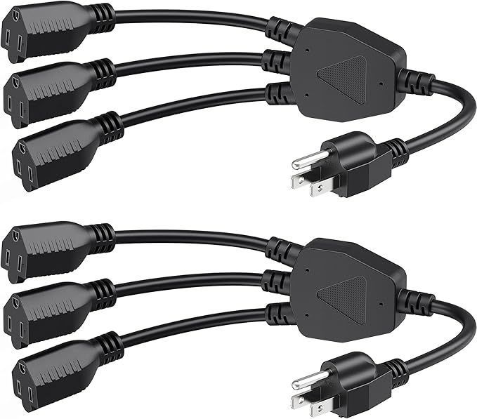 [ETL Listed] Cable Matters 2-Pack 3 Outlet Power Splitter Cord - 1.5ft, NEMA 5-15P to 3X NEMA 5-15R, 16 AWG Outlet Saver, 3 Way Extension Cord Splitter