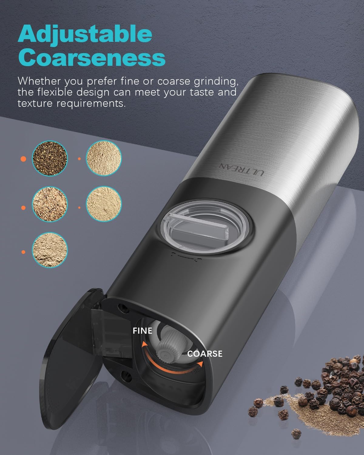 Ultrean Pepper Grinder, Rechargeable Gravity Salt and Pepper Grinder with 6 Adjustable Coarseness, LED Light, One-Hand Automatic Operation, Stainless Steel, Gifts for Father‘s Day